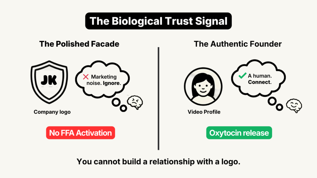 Infographic comparing 'The Polished Facade' (corporate logo) which triggers no brain activation, versus 'The Authentic Founder' (video profile) which releases oxytocin.