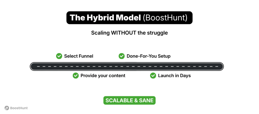 Productized service for course creators. Hybrid Model: a "Done-With-You" approach combining all-in-one software with done-for-you services (managed LMS platform). Shows the balance of optimized cost (flat fee) and sustainable scaling. 