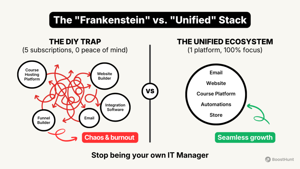 Comparison infographic titled 'The Frankenstein vs. Unified Stack.' The left side shows the 'DIY Trap' with 5+ subscriptions and chaotic connections. The right side shows 'The Unified Ecosystem,' a clean circle integrating email, website, and course hosting into one platform for seamless growth.