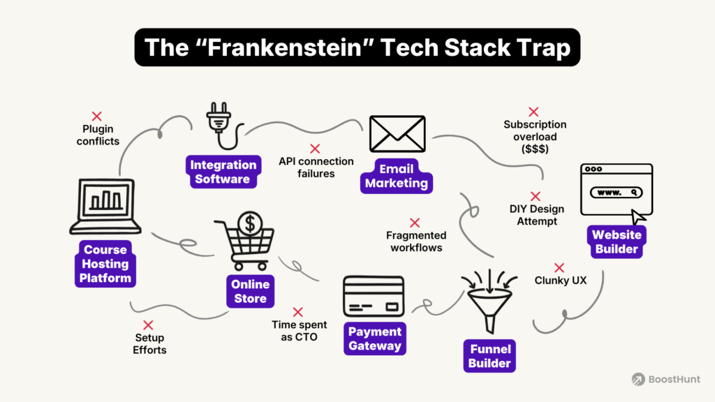 Infographic illustrating the "Frankenstein Stack" problem for course creators. It shows a chaotic network of disconnected tools—email marketing, plugins, payment gateways, and hosting—connected by fragile integrations, leading to "Time spent as CTO" and technical failures.