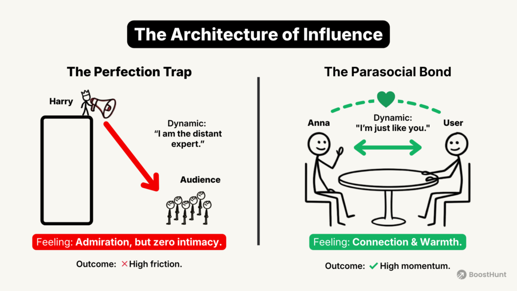 Infographic comparing two marketing styles of course creators: 'The Perfection Trap' (Harry) showing a distant expert on a pedestal causing high friction, versus 'The Parasocial Bond' (Anna) showing a creator sitting with a user, creating connection and momentum.