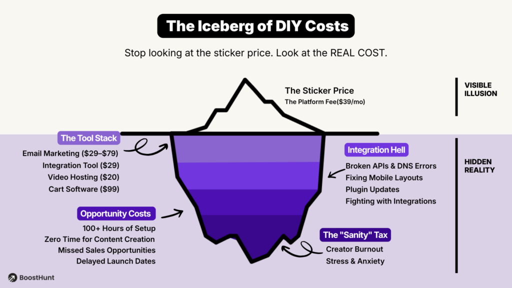 Cost pyramid showing hidden costs of online course platforms 2026 including integration tax and opportunity cost.