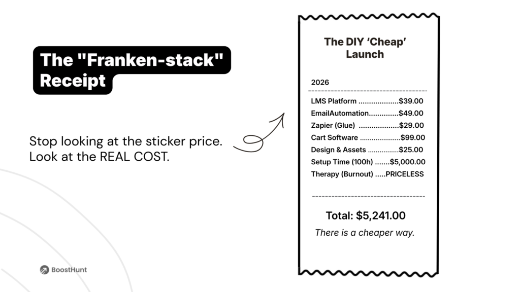 Franken-stack receipt showing the real 2026 cost of a DIY online course platform stack including setup time and burnout.