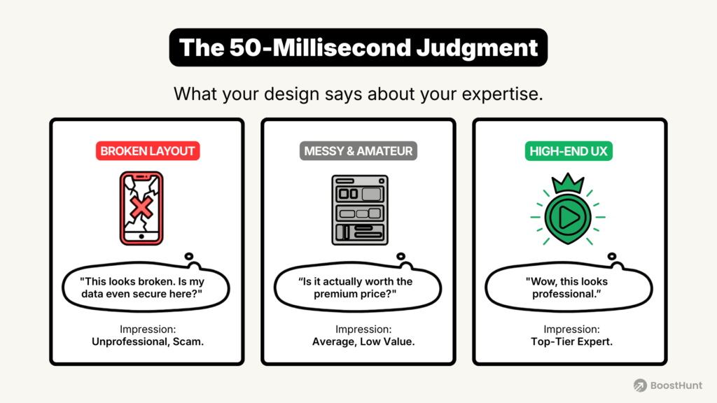 Infographic titled "The 50-Millisecond Verdict" explaining how design quality dictates pricing power. It compares three levels: 1. Broken layout leading to zero trust, 2. Messy & amateur design leading to low perceived value, and 3. High-end UX leading to premium pricing power.